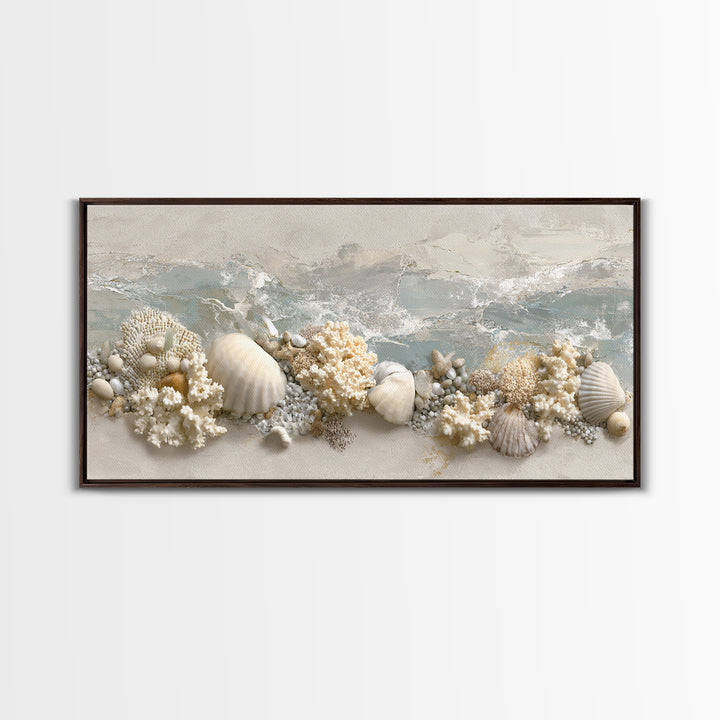 Coral and Shell Arrangement Framed Canvas Print, Bathroom Art, Contemporary Art, Bathroom Decor, Fine Art, Spa, Framed Wall Art, BAT-2x1-7