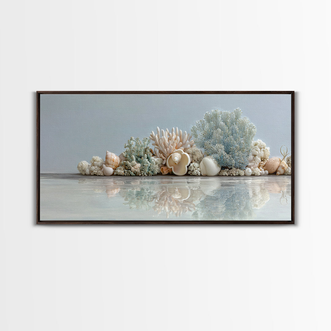 Coral and Shell Arrangement Framed Canvas Print, Bathroom Art, Bathroom Accessories, Bathroom Decor, Spa, Fine Art Print, BAT-2x1-79