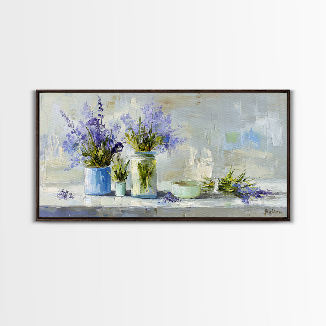 Lavender Sprigs in a Ceramic Vase Framed Canvas Print, Bathroom Art, Dopamine Decor, Bathroom Decor, Spa, Halloween Art, BAT-2x1-80