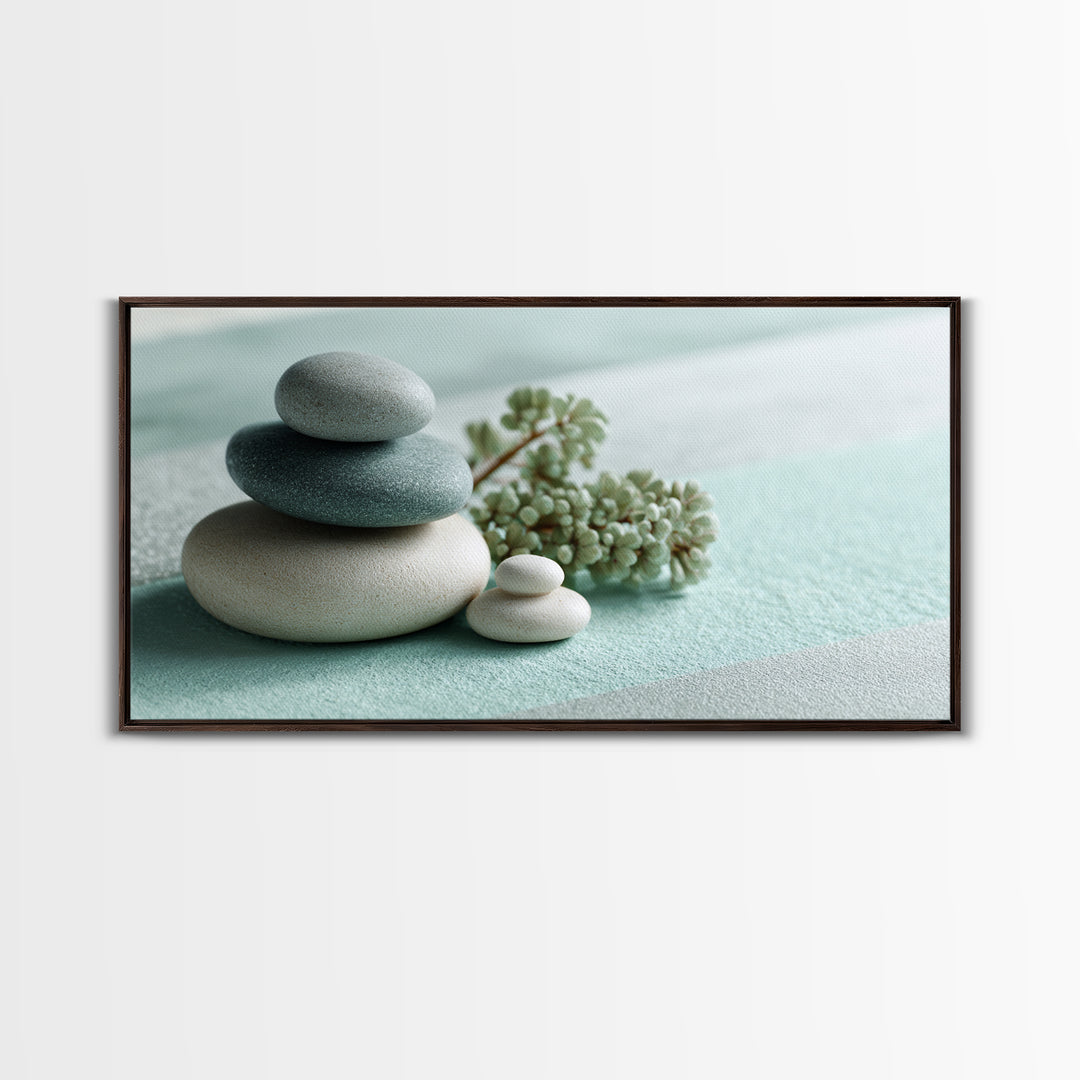 Monochrome Pebble Stack Framed Canvas Print, Bathroom Art, Poster, Bathroom Decor, Watercolor Art, Spa, Digital Print, BAT-2x1-81