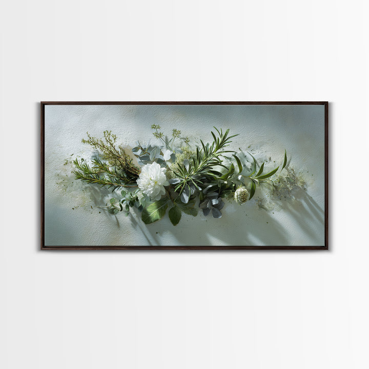 Botanical Bath Herb Arrangement Framed Canvas Print, Bathroom Art, Digital Art, Bathroom Decor, Fine Art, Spa, Dopamine Decor, BAT-2x1-85