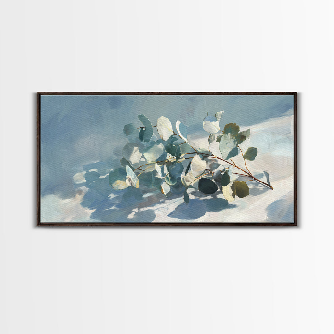 Sunlit Window Plant Shadow on Plaster Framed Canvas Print, Bathroom Art, Textured Painting, Bathroom Decor, Fine Art, Spa, BAT-2x1-86