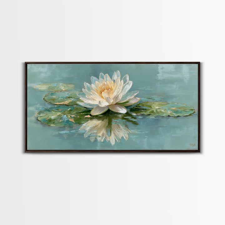 Lotus Flower Floating on Calm Water Framed Canvas Print, Bathroom Art, Framed Wall Art, Bathroom Decor, Watercolor Art, Spa, BAT-2x1-88