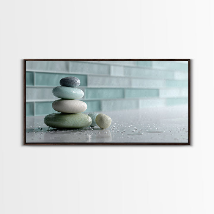 Monochrome Pebble Stack Framed Canvas Print, Bathroom Art, Statement Artwork, Bathroom Decor, Fine Art, Spa, Digital Art, BAT-2x1-9