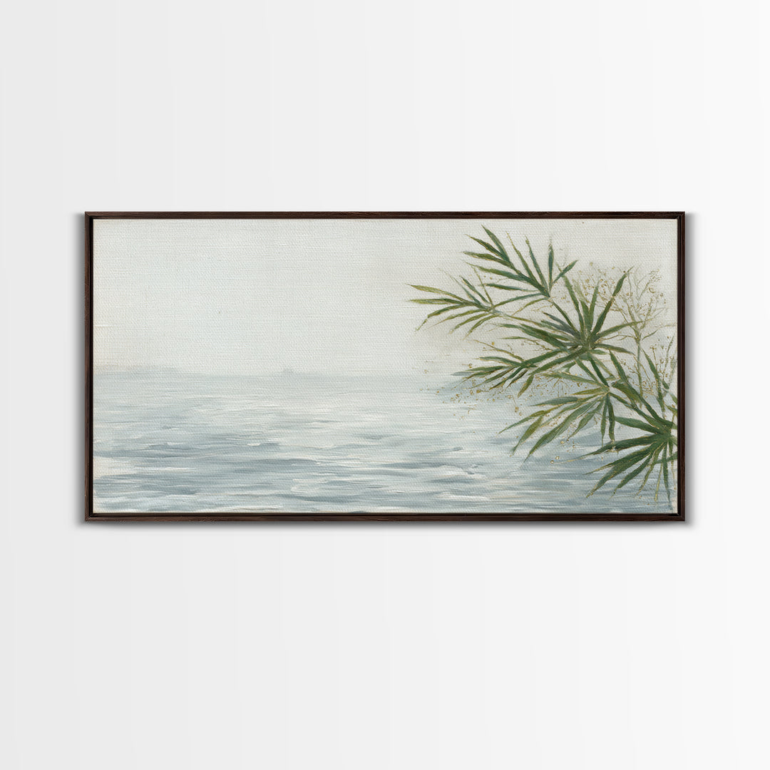 Simple Palm Frond on Off White Linen Framed Canvas Print, Bathroom Art, Digital Art, Bathroom Decor, Abstract Art, Spa, BAT-2x1-91