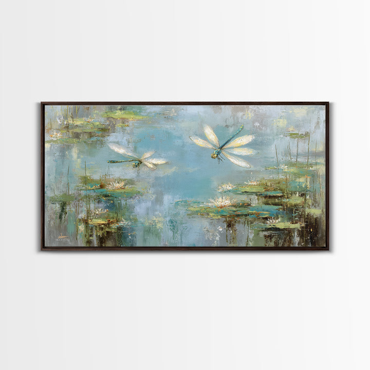 Delicate Dragonfly Above a Pond Surface Framed Canvas Print, Bathroom Art, Dog Portrait, Bathroom Decor, Oil Painting, Spa, BAT-2x1-92