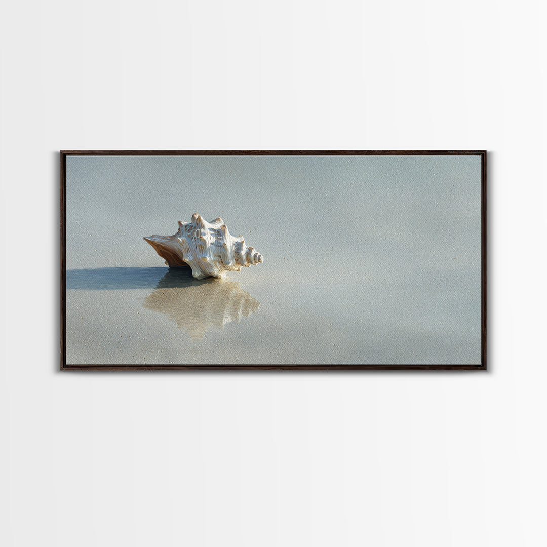 Minimal Seashell Still Life on Pale Sand Framed Canvas Print, Bathroom Art, Bathroom Wallpaper, Bathroom Decor, Fine Art, Spa, BAT-2x1-95
