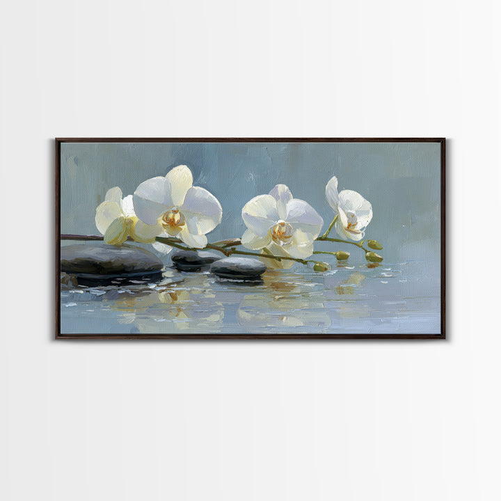 White Orchid on Warm Stone Background Framed Canvas Print, Bathroom Art, Modern Wall Art, Bathroom Decor, Oil Painting, Spa, BAT-2x1-96