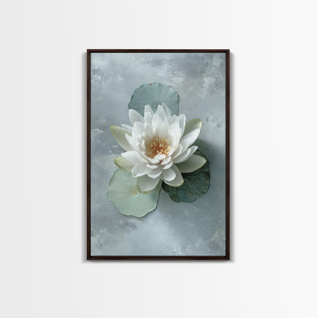 Lotus Flower Floating on Calm Water Framed Canvas Print, Bathroom Art, Trendy Wall Art, Bathroom Decor, Watercolor Art, Spa, BAT-2x3-100