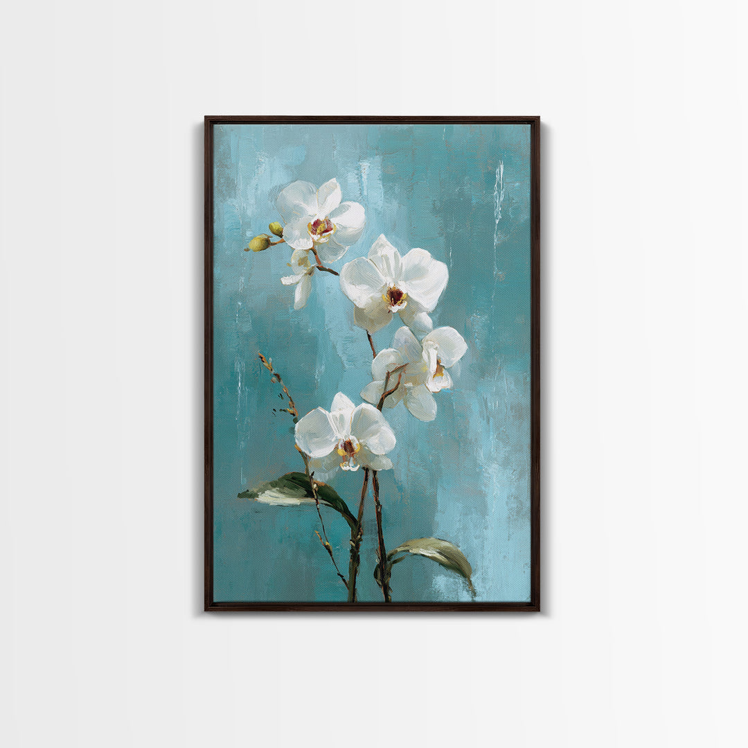 White Orchid on Warm Stone Background Framed Canvas Print, Bathroom Art, Fine Art Print, Bathroom Decor, Oil Painting, Spa, BAT-2x3-12