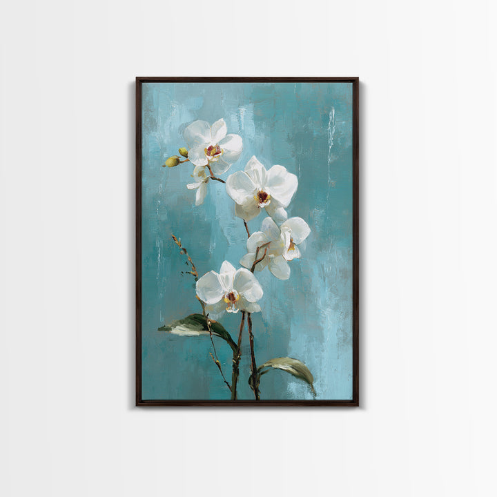 White Orchid on Warm Stone Background Framed Canvas Print, Bathroom Art, Fine Art Print, Bathroom Decor, Oil Painting, Spa, BAT-2x3-12