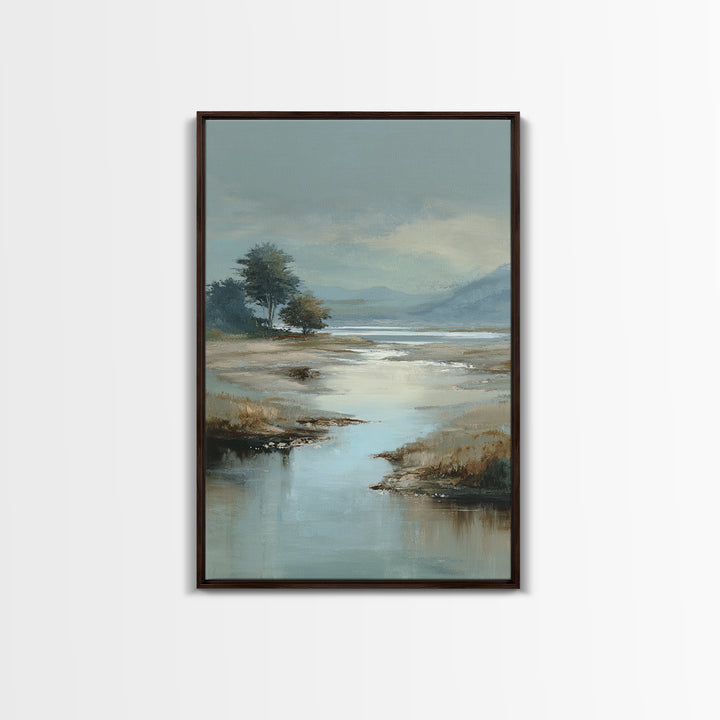 Misty Lake Scene Framed Canvas Print, Bathroom Art, Textured Painting, Bathroom Decor, Fine Art, Spa, Bathroom Wall Art, BAT-2x3-17