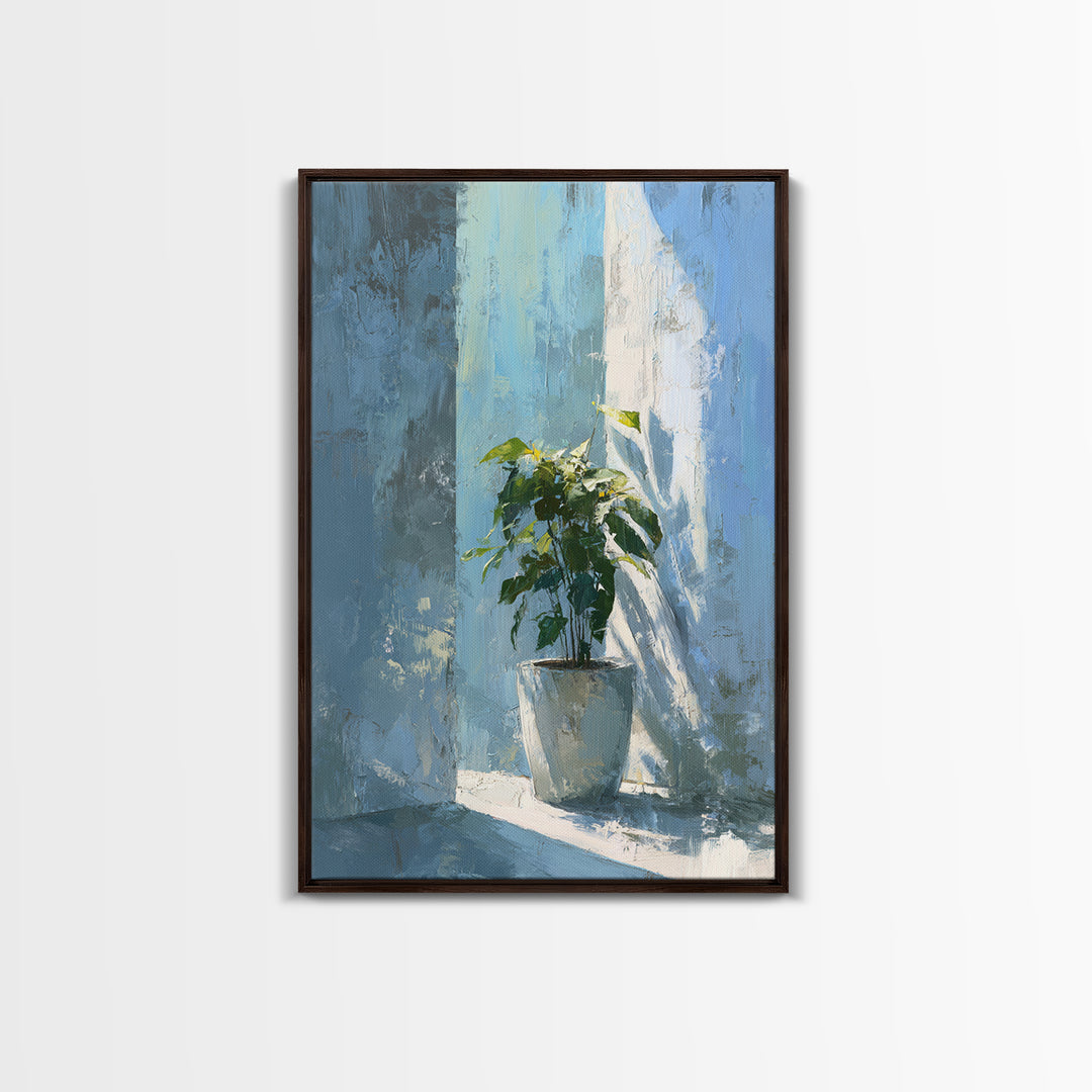 Sunlit Window Plant Shadow on Plaster Framed Canvas Print, Bathroom Art, Gallery Decor, Bathroom Decor, Abstract Art, Spa, BAT-2x3-2
