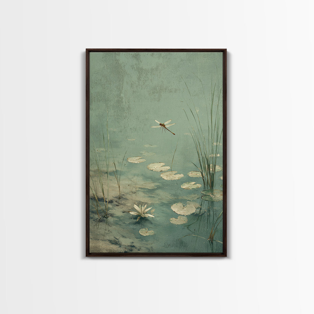 Delicate Dragonfly Above a Pond Surface Canvas Print, Bathroom Art, Bathroom Wall Decor, Bathroom Decor, Fine Art, Spa, BAT-2x3-32