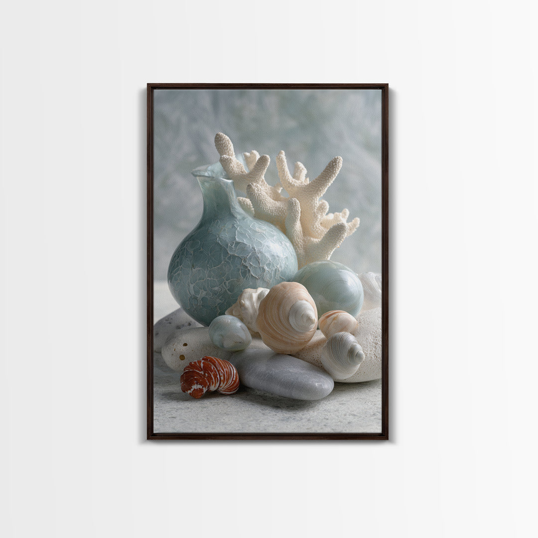 Coral and Shell Arrangement Framed Canvas Print, Bathroom Art, Neutral Decor, Bathroom Decor, Fine Art, Spa, Wall Art, BAT-2x3-43