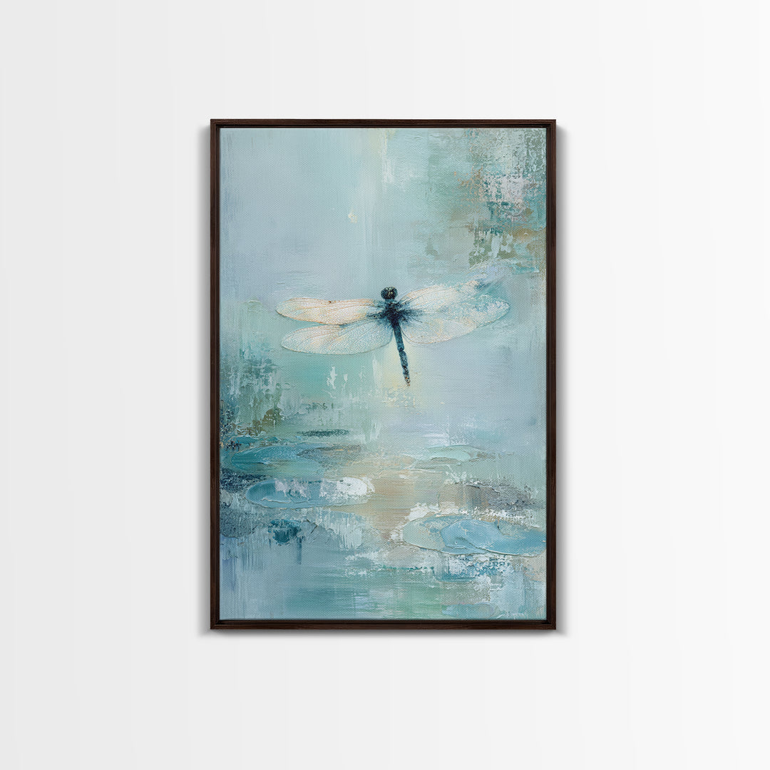 Delicate Dragonfly Above a Pond Surface Framed Canvas Print, Bathroom Art, Modern Art, Bathroom Decor, Fine Art, Spa, BAT-2x3-56