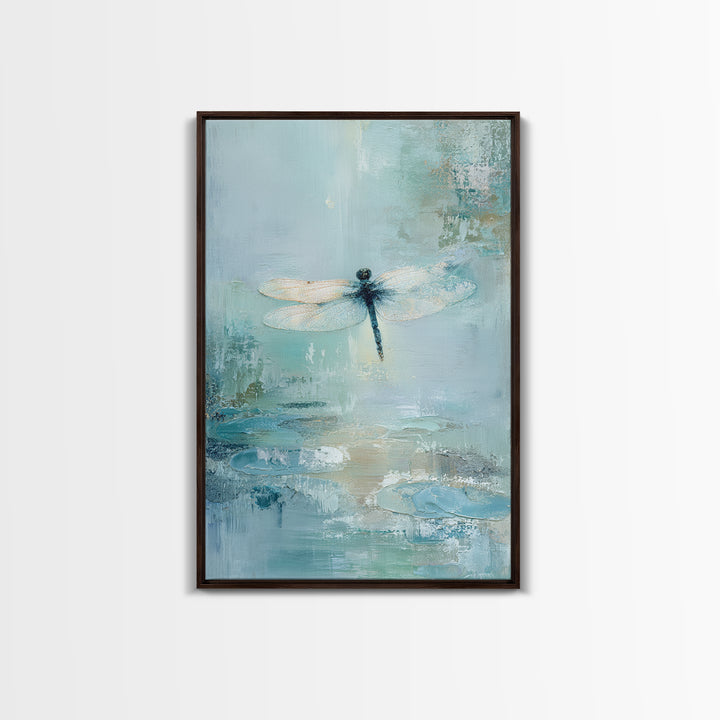 Delicate Dragonfly Above a Pond Surface Framed Canvas Print, Bathroom Art, Modern Art, Bathroom Decor, Fine Art, Spa, BAT-2x3-56