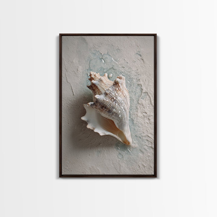 Minimal Seashell Still Life on Pale Sand Framed Canvas Print, Bathroom Art, Boho Decor, Bathroom Decor, Oil Painting, Spa, BAT-2x3-59