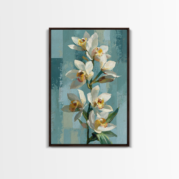 White Orchid on Warm Stone Background Framed Canvas Print, Bathroom Art, Statement Artwork, Bathroom Decor, Fine Art, Spa, BAT-2x3-60