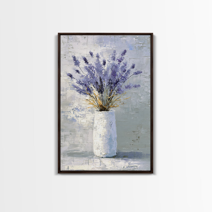 Lavender Sprigs in a Ceramic Vase Framed Canvas Print, Bathroom Art, Minimalist Decor, Bathroom Decor, Fine Art, Spa, BAT-2x3-68