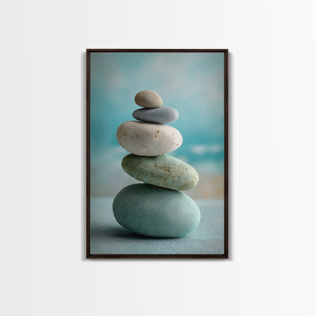 Monochrome Pebble Stack Framed Canvas Print, Bathroom Art, Digital Art, Bathroom Decor, Fine Art, Spa, Dopamine Decor, BAT-2x3-69