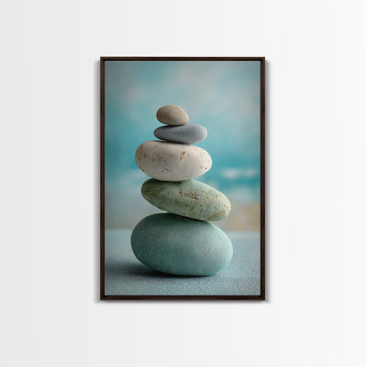 Monochrome Pebble Stack Framed Canvas Print, Bathroom Art, Digital Art, Bathroom Decor, Fine Art, Spa, Dopamine Decor, BAT-2x3-69