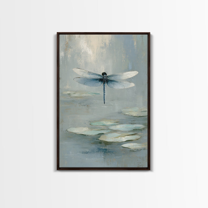 Delicate Dragonfly Above a Pond Surface Framed Canvas Print, Bathroom Art, Framed Wall Art, Bathroom Decor, Oil Painting, Spa, BAT-2x3-8