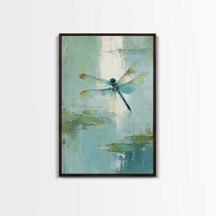 Delicate Dragonfly Above a Pond Surface Framed Canvas Print, Bathroom Art, Fine Art Print, Bathroom Decor, Fine Art, Spa, BAT-2x3-80