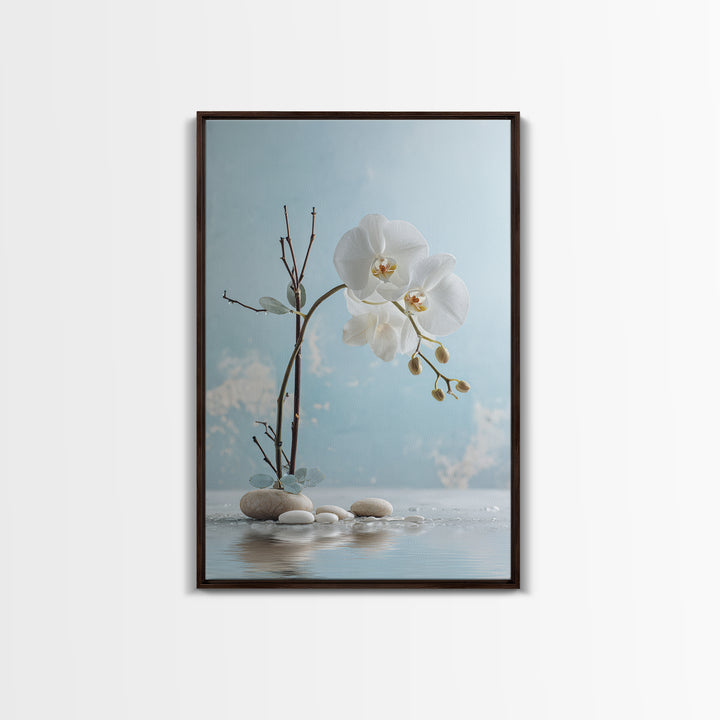 White Orchid on Warm Stone Background Framed Canvas Print, Bathroom Art, Canvas Wall Art, Bathroom Decor, Fine Art, Spa, BAT-2x3-84