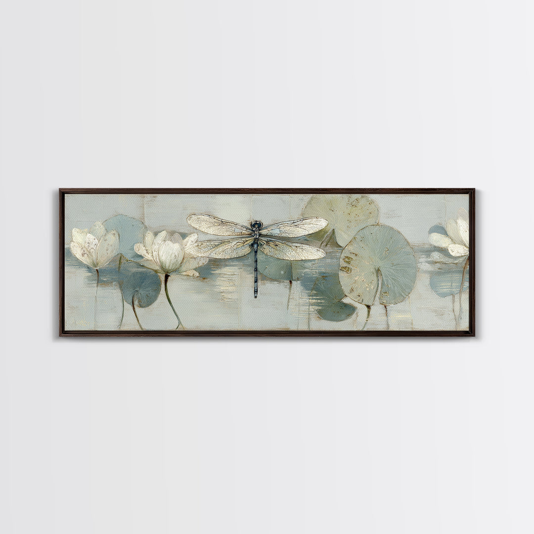 Delicate Dragonfly Above a Pond Surface Canvas Print, Bathroom Art, Unique Wall Art, Bathroom Decor, Spa, Gallery Decor, BAT-3x1-16