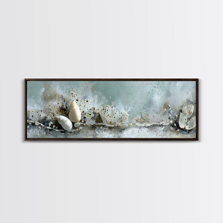 Coral and Shell Arrangement Framed Canvas Print, Bathroom Art, Modern Decor, Bathroom Decor, Fine Art, Spa, Home Decor, BAT-3x1-27