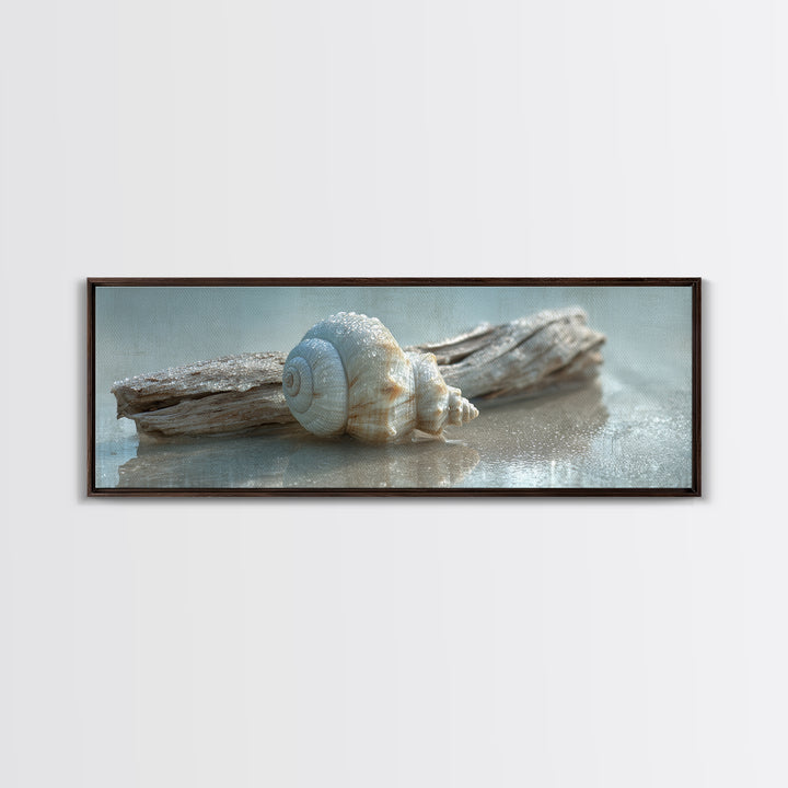 Minimal Seashell Still Life on Pale Sand Canvas Print, Bathroom Art, Minimalist Decor, Bathroom Decor, Fine Art, Spa, BAT-3x1-43