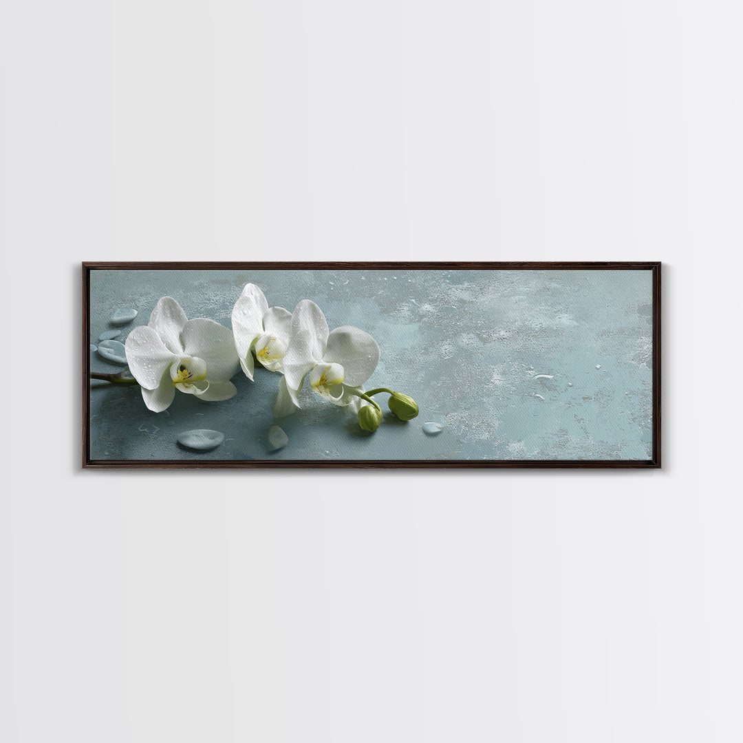 White Orchid on Warm Stone Background Framed Canvas Print, Bathroom Art, Gallery Decor, Bathroom Decor, Fine Art, Spa, BAT-3x1-44
