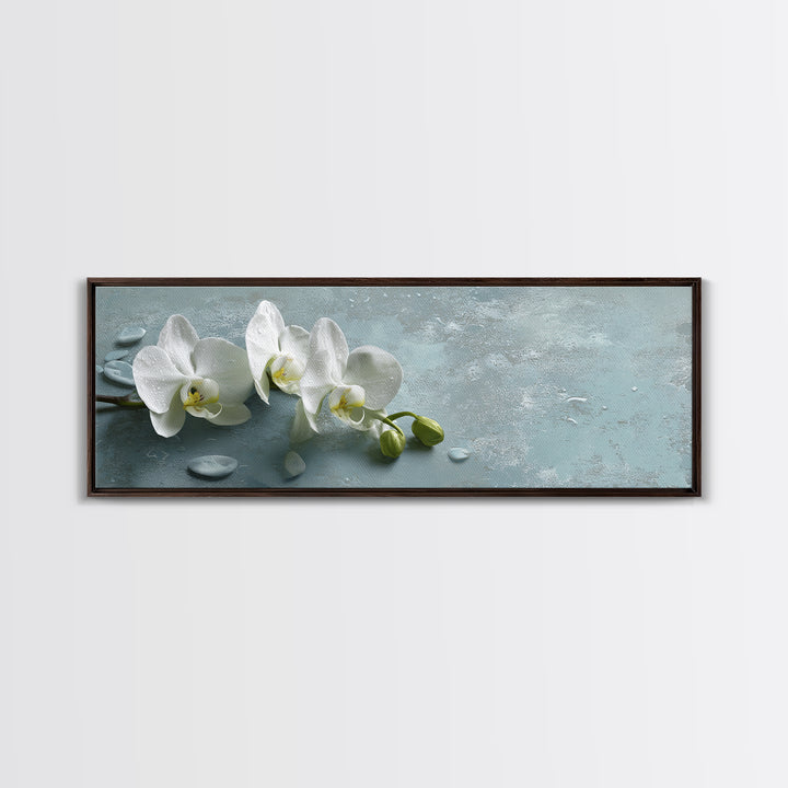 White Orchid on Warm Stone Background Framed Canvas Print, Bathroom Art, Gallery Decor, Bathroom Decor, Fine Art, Spa, BAT-3x1-44