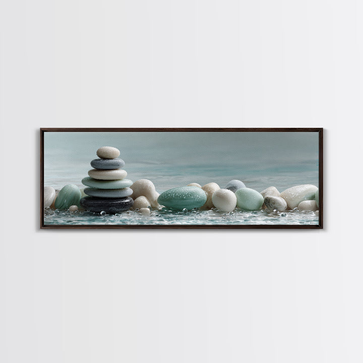 Monochrome Pebble Stack Framed Canvas Print, Bathroom Art, Canvas Wall Art, Bathroom Decor, Fine Art, Spa, Bathroom Wallpaper, BAT-3x1-53