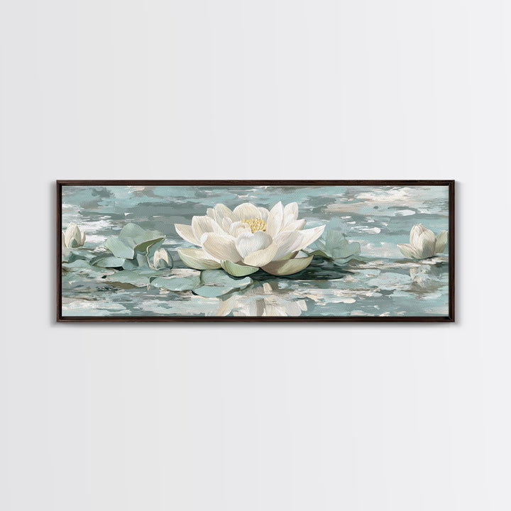 Lotus Flower Floating on Calm Water Framed Canvas Print, Bathroom Art, Fine Art Print, Bathroom Decor, Oil Painting, Spa, BAT-3x1-60