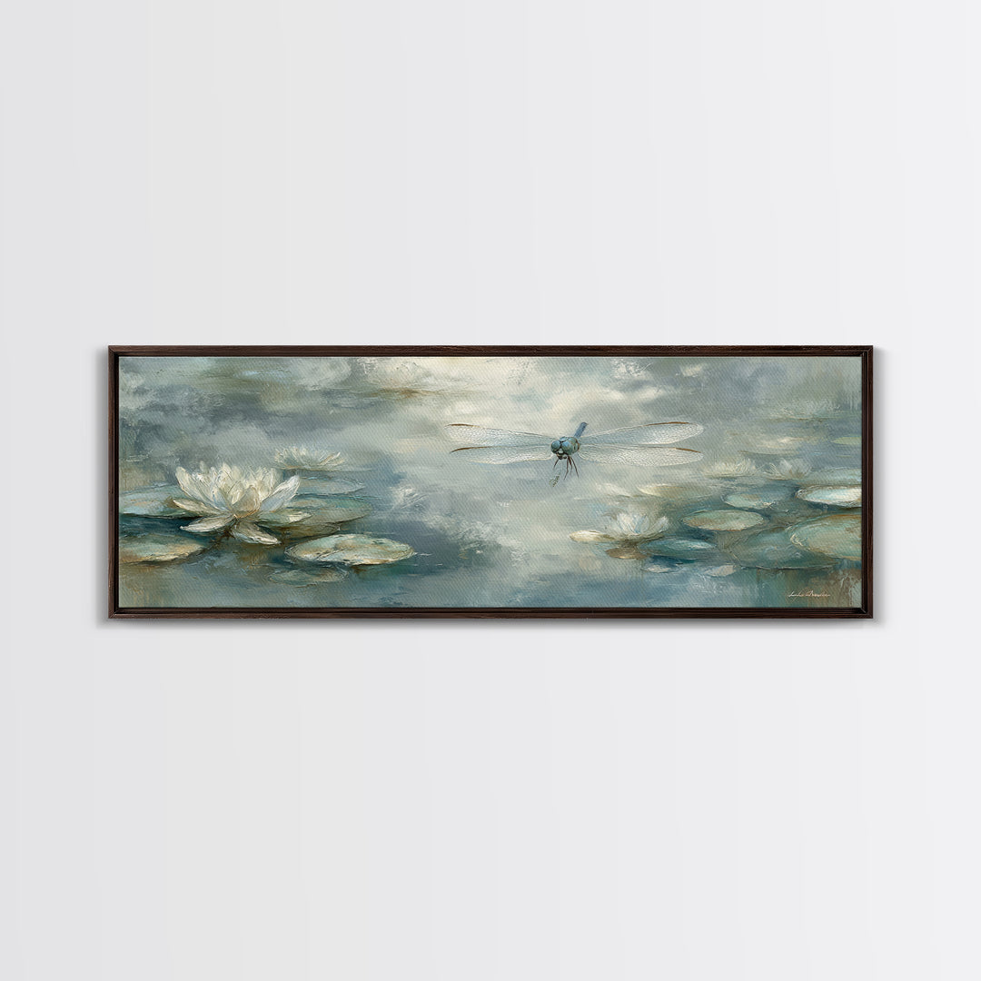 Delicate Dragonfly Above a Pond Surface Framed Canvas Print, Bathroom Art, Statement Artwork, Bathroom Decor, Fine Art, Spa, BAT-3x1-64