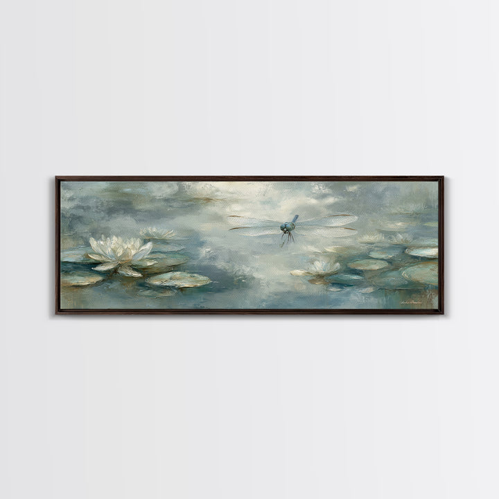 Delicate Dragonfly Above a Pond Surface Framed Canvas Print, Bathroom Art, Statement Artwork, Bathroom Decor, Fine Art, Spa, BAT-3x1-64
