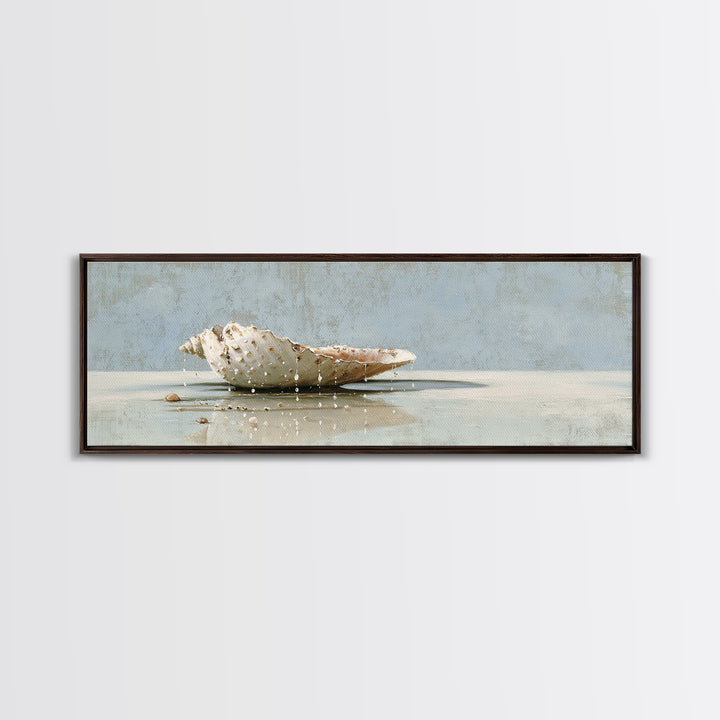 Minimal Seashell Still Life on Pale Sand Framed Canvas Print, Bathroom Art, Printable, Bathroom Decor, Abstract Art, Spa, BAT-3x1-67