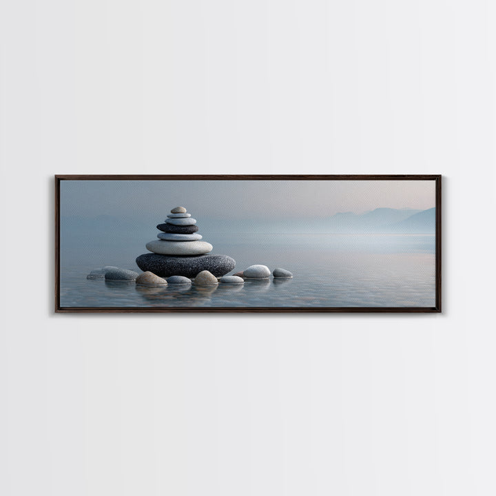 Monochrome Pebble Stack Framed Canvas Print, Bathroom Art, Canvas Wall Art, Bathroom Decor, Fine Art, Spa, Bathroom Wallpaper, BAT-3x1-77