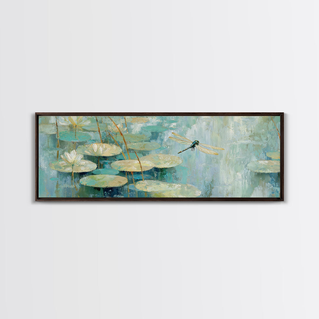 Delicate Dragonfly Above a Pond Surface Canvas Print, Bathroom Art, Textured Painting, Bathroom Decor, Oil Painting, Spa, BAT-3x1-88