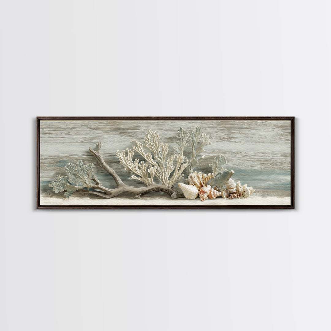 Coral and Shell Arrangement Framed Canvas Print, Bathroom Art, Wall Decor, Bathroom Decor, Fine Art, Spa, Contemporary Art, BAT-3x1-99