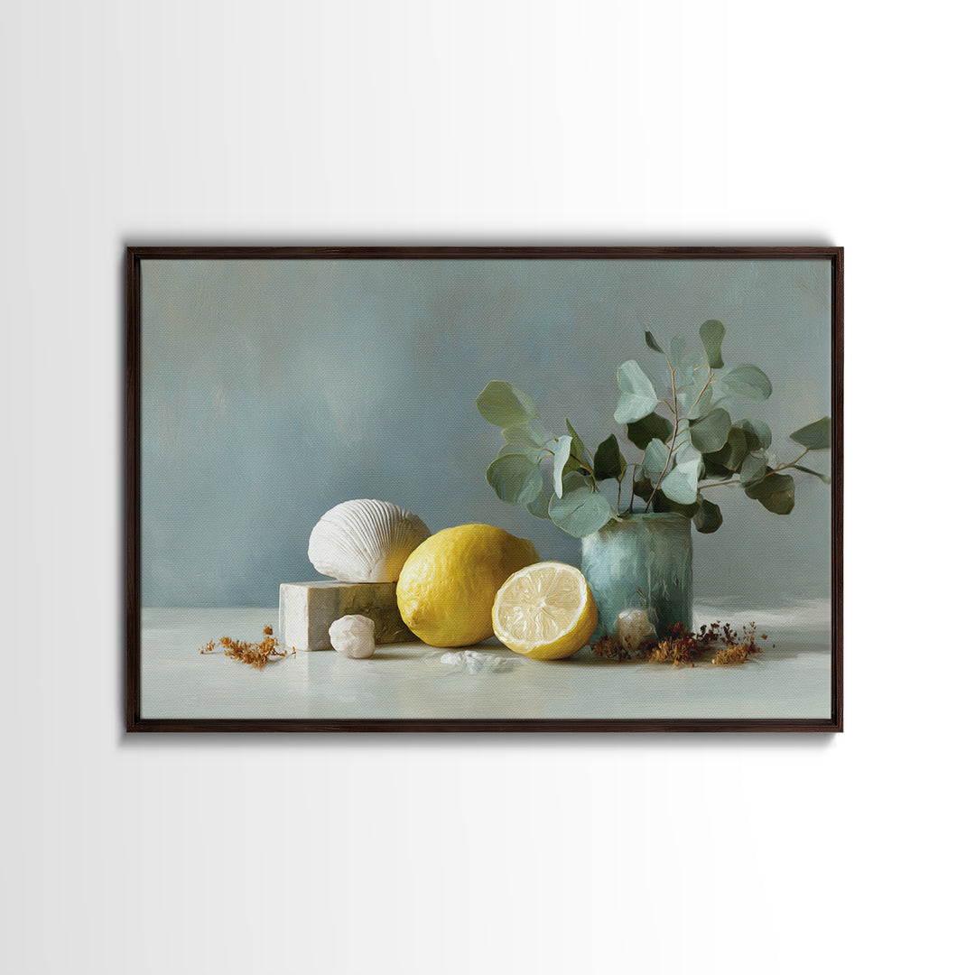 Lemon and Botanical Still Life Framed Canvas Print, Bathroom Art, Digital Wall Art, Bathroom Decor, Oil Painting, Spa, BAT-3x2-10