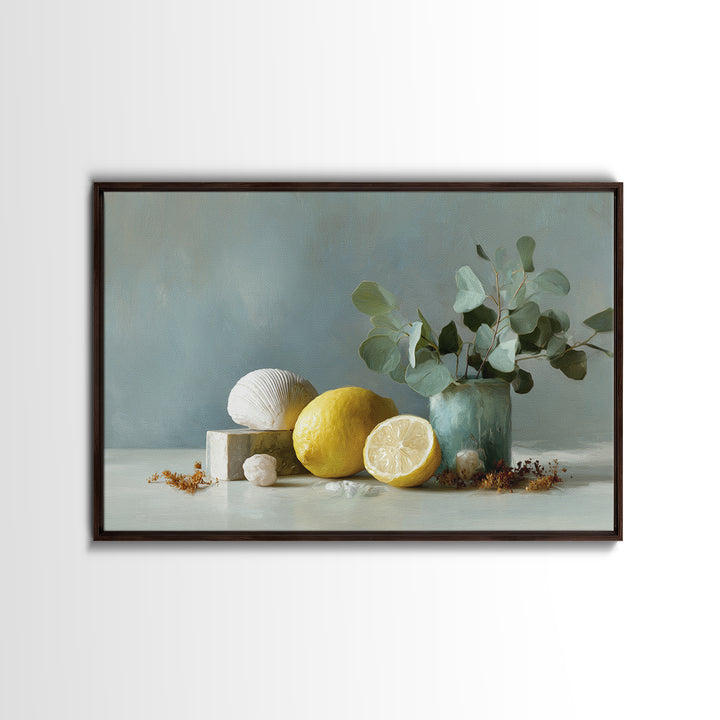 Lemon and Botanical Still Life Framed Canvas Print, Bathroom Art, Digital Wall Art, Bathroom Decor, Oil Painting, Spa, BAT-3x2-10