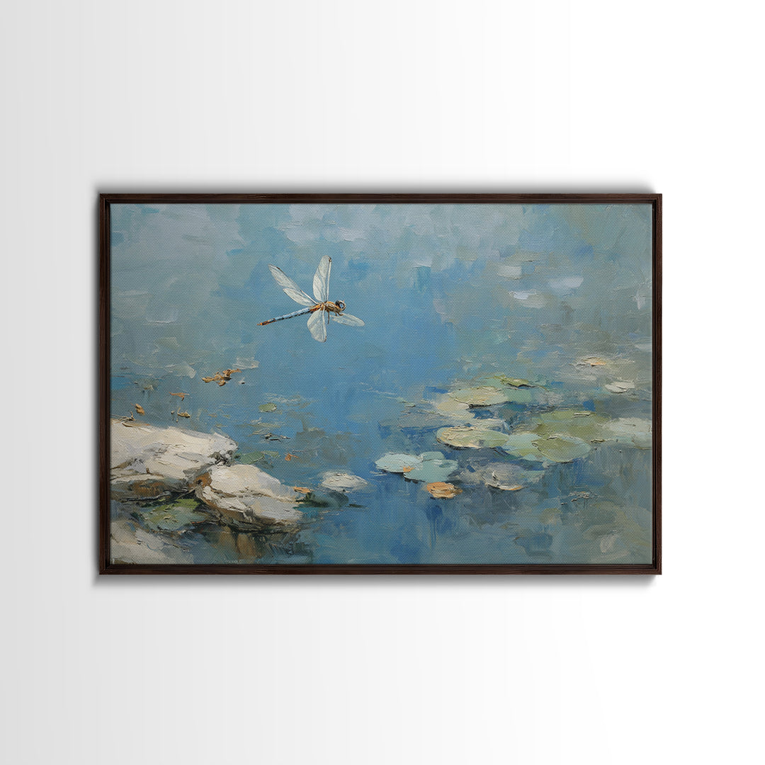 Delicate Dragonfly Above a Pond Surface Framed Canvas Print, Bathroom Art, Bathroom Art Decor, Bathroom Decor, Oil Painting, BAT-3x2-100