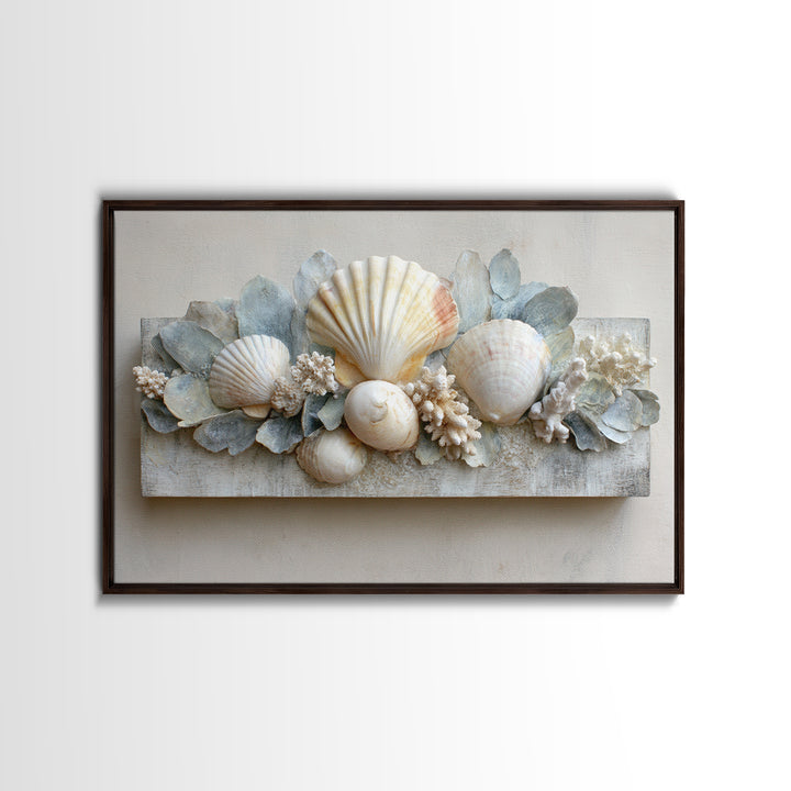 Coral and Shell Arrangement Framed Canvas Print, Bathroom Art, Minimalist Decor, Bathroom Decor, Fine Art, Spa, Wall Hanging, BAT-3x2-15