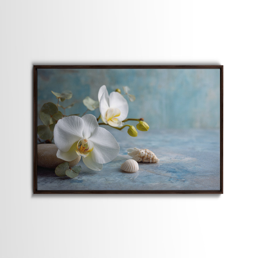 White Orchid on Warm Stone Background Canvas Print, Bathroom Art, Custom Pet Portrait, Bathroom Decor, Fine Art, Spa, BAT-3x2-32