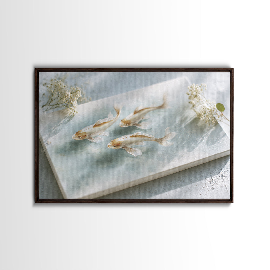 Minimal Koi Fish Swimming Through Clear Water Framed Canvas Print, Bathroom Art, Bathroom Wall Art, Bathroom Decor, Spa, BAT-3x2-36
