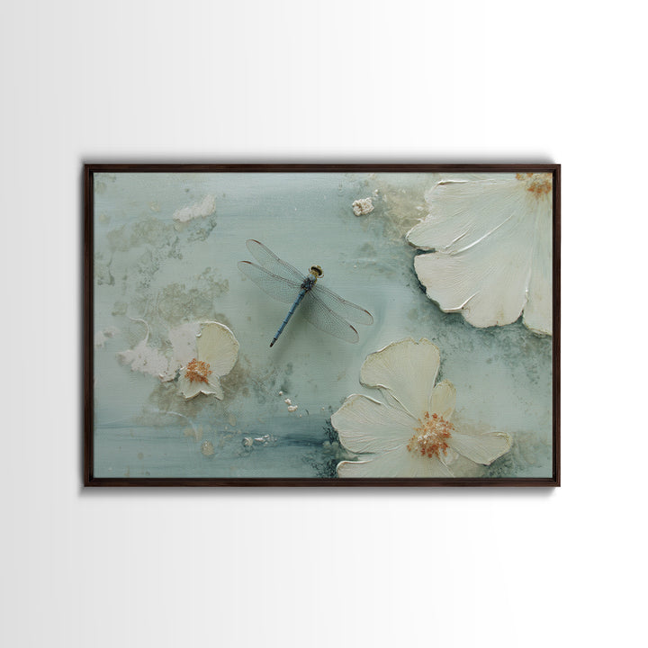 Delicate Dragonfly Above a Pond Surface Canvas Print, Bathroom Art, Room Decor, Bathroom Decor, Oil Painting, Spa, BAT-3x2-4