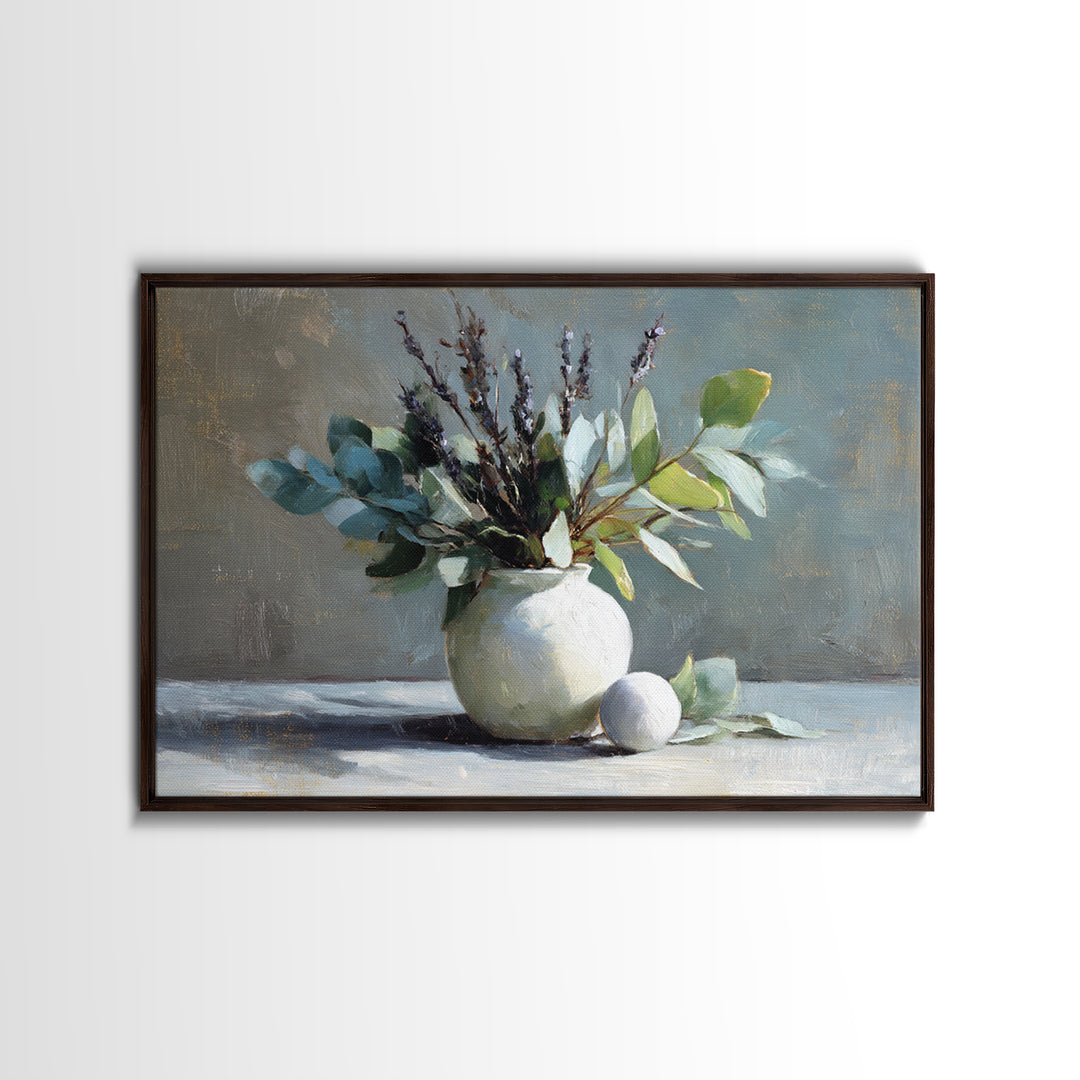 Lavender Sprigs in a Ceramic Vase Framed Canvas Print, Bathroom Art, Bathroom Decor, Oil Painting, Spa, Bathroom Accessories, BAT-3x2-40
